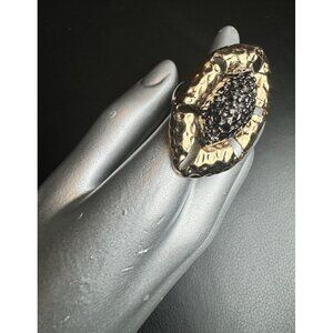 Handcrafted Hammered Brass & Black Crystals Adjustable Statement Ring Unique Boh